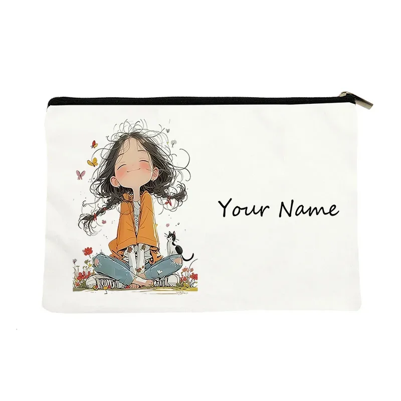 trousse de maquillage personnalisée en toile avec nom, pochette cosmétique imprimée fille cartoon, organisateur de voyage personnalisé à fermeture éclair pour femme, idéal cadeau