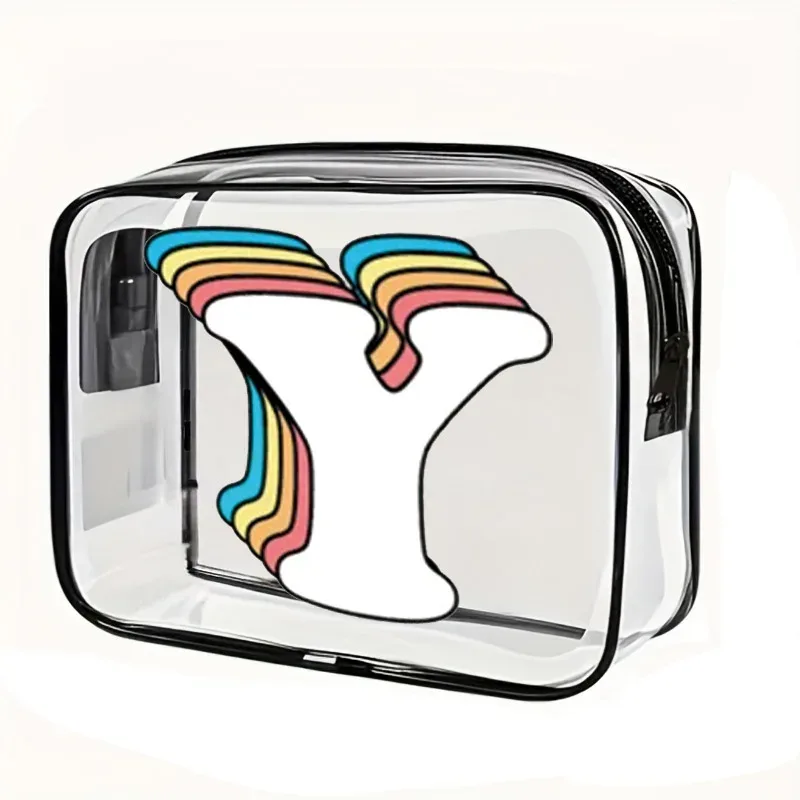 organisateur voyage cosmétiques pvc translucide poignée noire motif arcs-en-ciel lettre grande capacité format tonneau sac compression