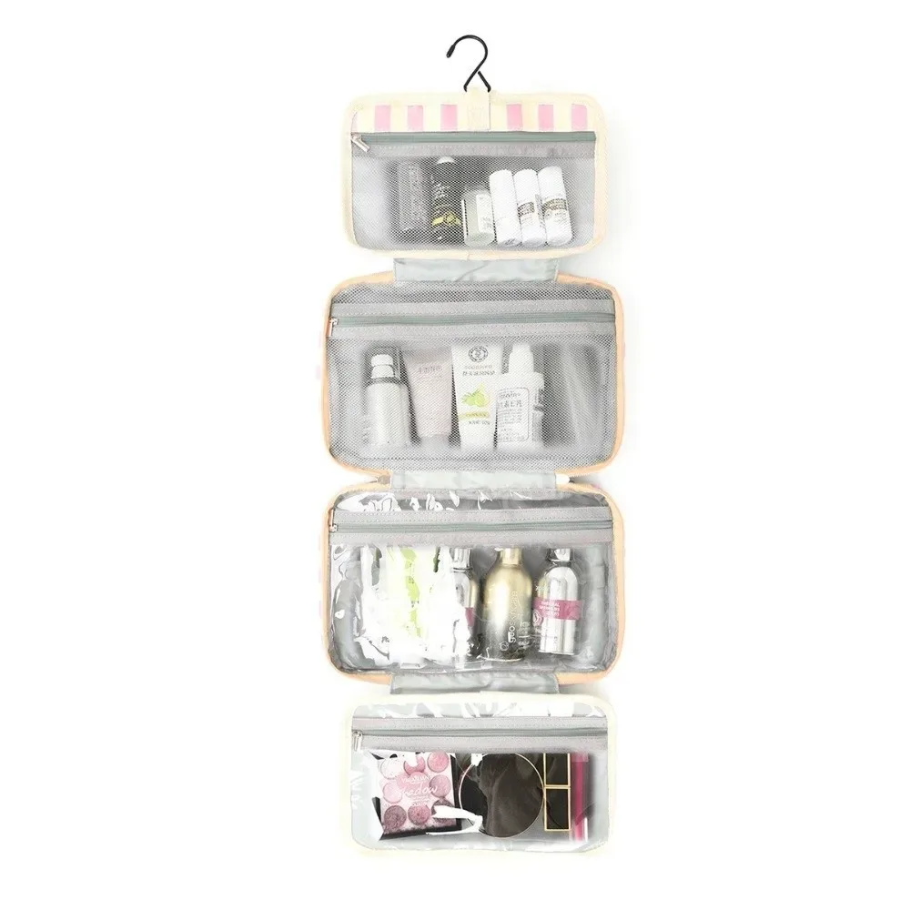 trousse de toilette de voyage suspendue portable rayée, organisateur cosmétique pliable 4 volets avec crochet, grande capacité, sac de maquillage pour extérieur