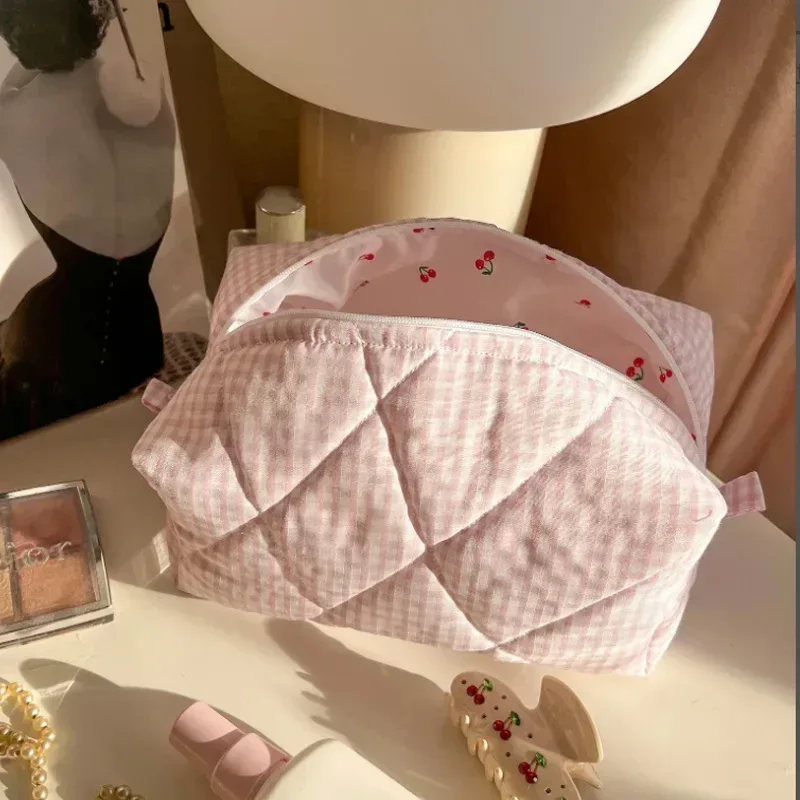 sac de maquillage à fleurs à carreaux, sac de rangement de cosmétiques portable de grande capacité, sac de lavage matelassé en coton, pochette de soins de la peau