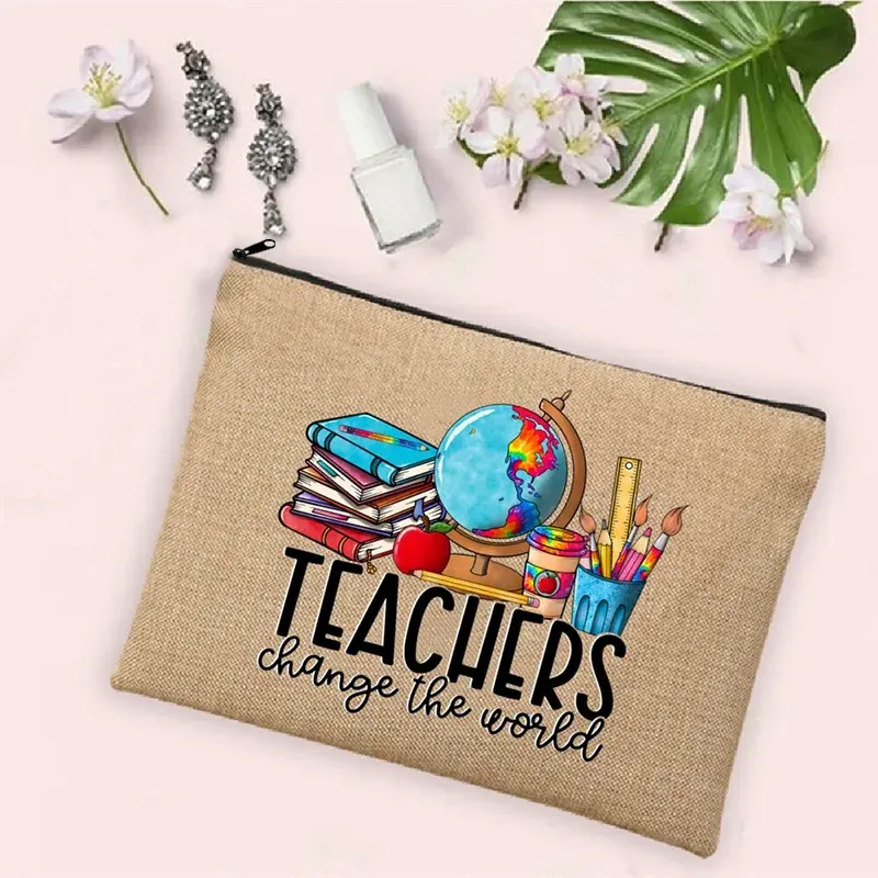 teacher change the world linen powder trousse de toilette de voyage pour femme, trousse de maquillage, cadeau de retour à l'école, sac à cosmétiques