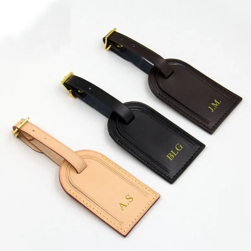 étiquette de bagage en cuir tanné végétal monogramme gratuit, avion, cuir de vache, voyage d'embarquement, étui à roulettes