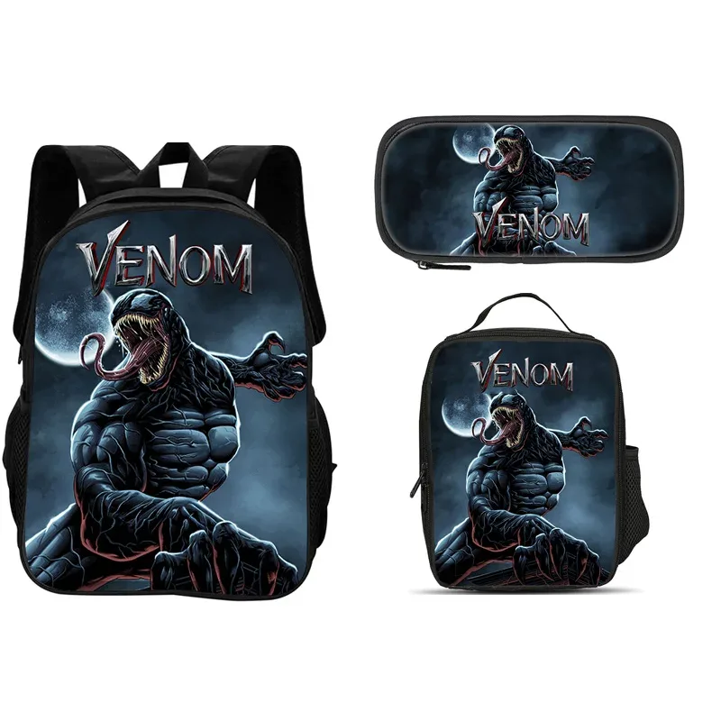 ensemble de 3 pièces du film venom : sac à dos + sac à lunch + trousse à crayons, papeterie de voyage à la mode, cadeau pour enfants, école, polyvalent