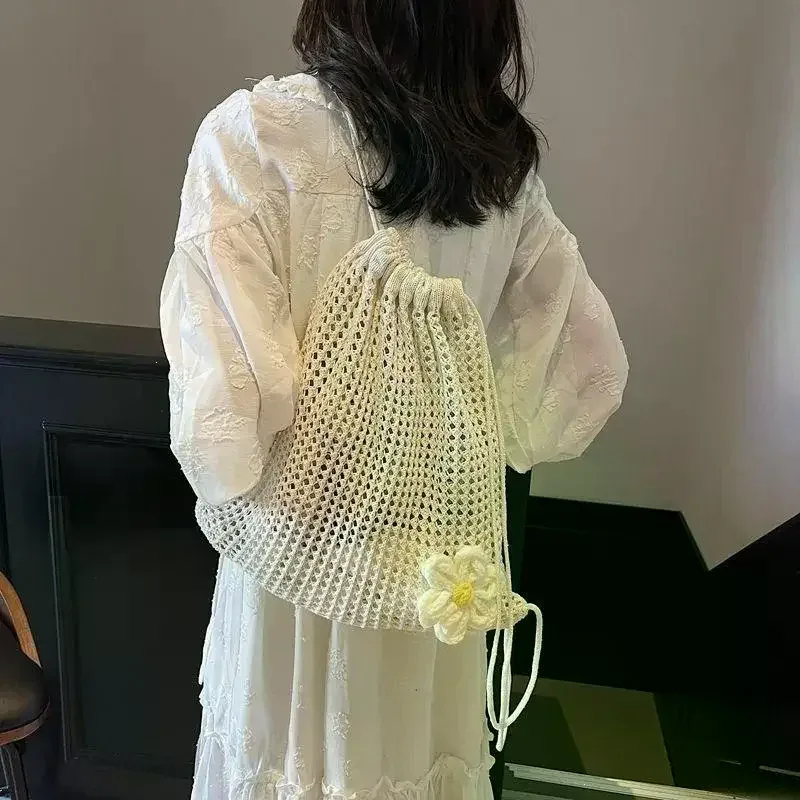 sac à bandoulière en tricot couleur unie grande capacité, sac à dos bohème en crochet ajouré, sac fourre-tout de plage et de voyage pour femme