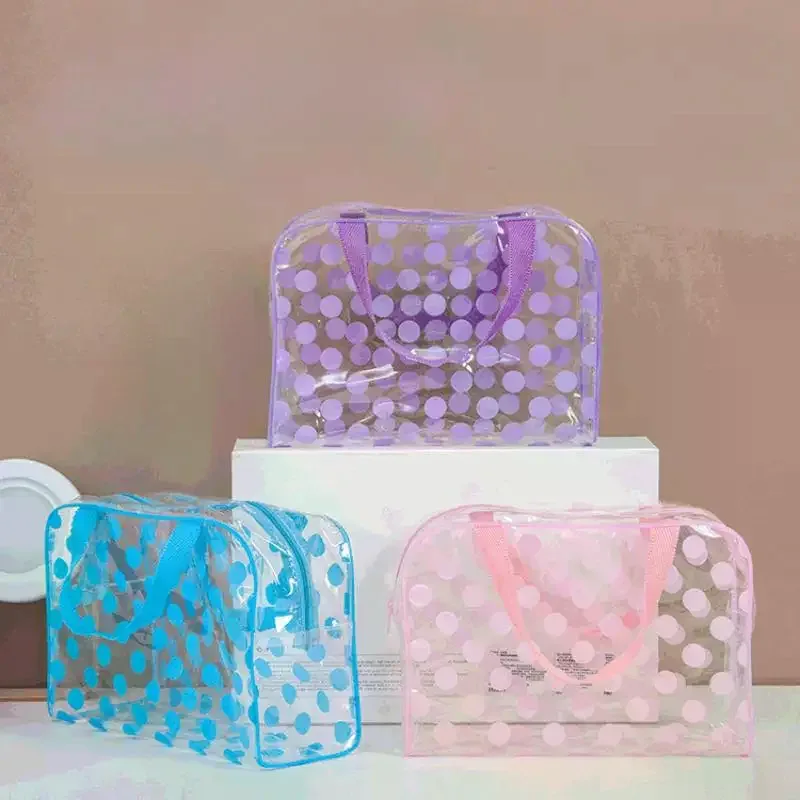 trousse de toilette transparente en pvc à pois, motif animal mignon, imperméable, portable, pour femmes, trousse de voyage, rangement de maquillage, organisateur.