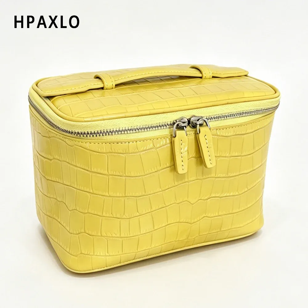 pochette de maquillage en cuir véritable texture crocodile, trousse de toilette de voyage, organiseur de rangement de grande capacité de qualité supérieure pour femmes