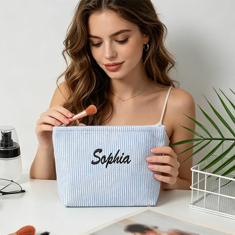 sac de maquillage rayé en gaze bulle, personnalisable avec broderie ou style standard (2 options), pochette de rangement, saison rentrée scolaire