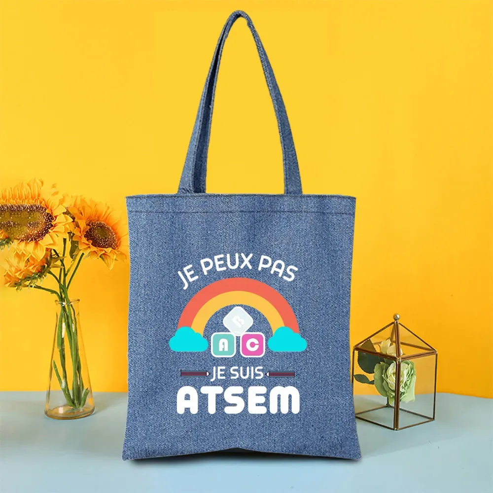 sac fourre-tout en jean imprimé super atsem maitresse, sacs de shopping pour femme, sacs de voyage, cadeau de remerciement pour la fête des enseignants et les diplômés
