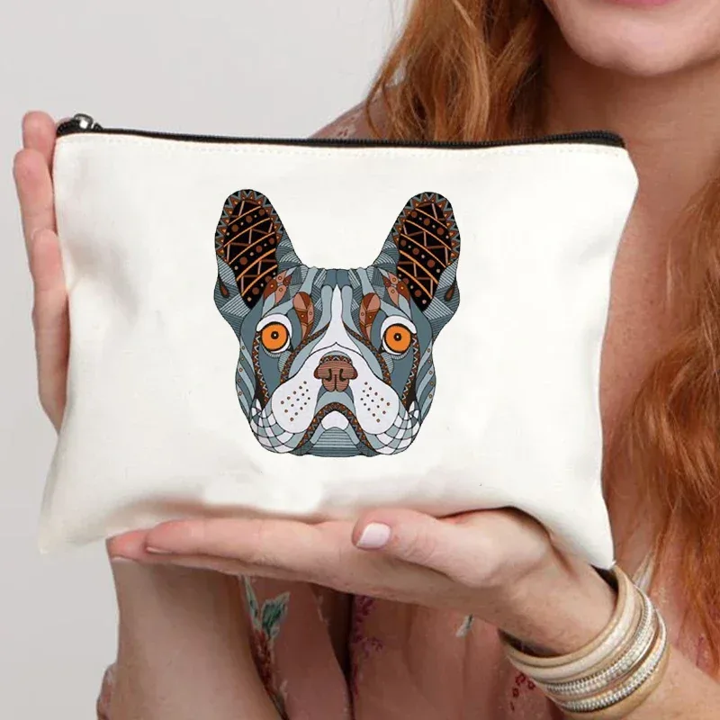 trousse de maquillage en toile pour femme, trousse de toilette, valise professionnelle, impression de dessin animé, bouledogue français, drôle