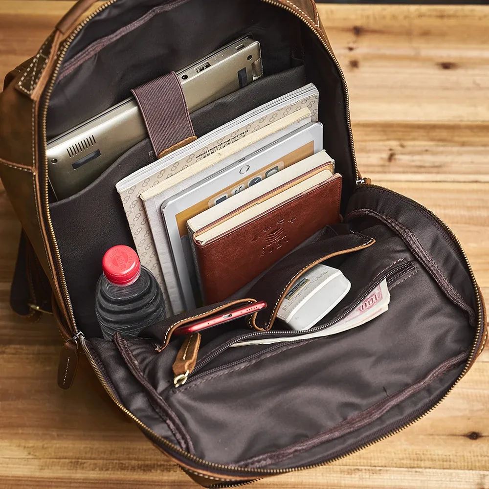 sac à dos décontracté en cuir véritable pour homme, camping, école, voyage, bureau, ordinateur portable, 17"