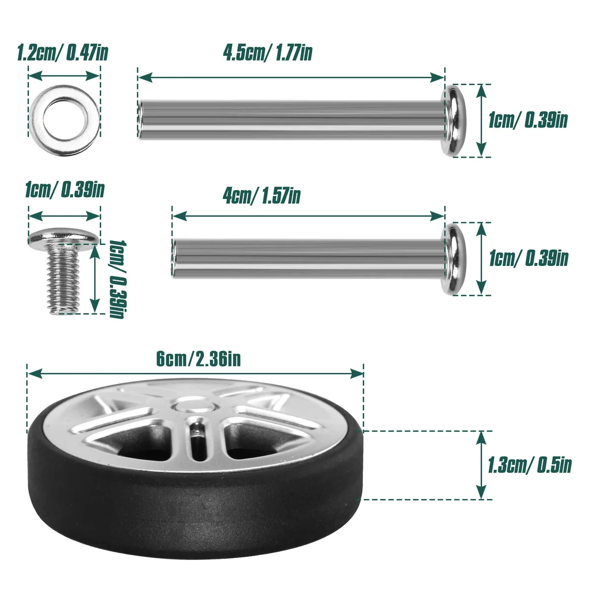 roues à bagages argentées de remplacement avec vis, 8 pièces, roues à bagages de voyage, pièces de rechange pour valise, essieux de 60mm, réparation de roues à roulettes