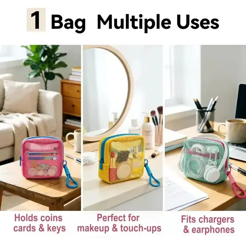 mini pochette en maille dopamine, étui carré coloré pour écouteurs, sac portable pour rouge à lèvres et cosmétiques, organisateur de rangement respirant pour articles de toilette