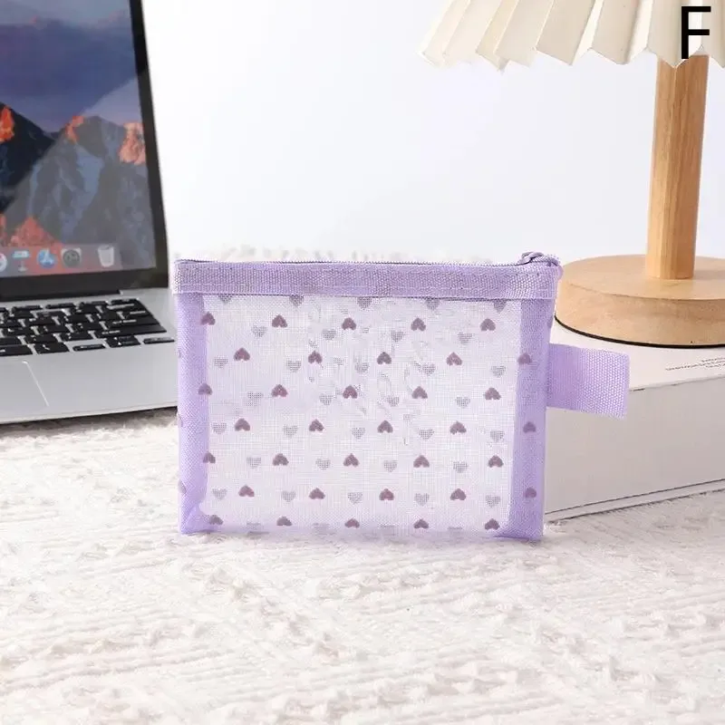 sac de maquillage en maille transparente en forme de cœur, pochette de rangement multifonction portable pour femmes, pochette de toilette pour dames, sacs organisateurs de rouge à lèvres