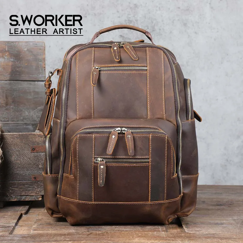 s.worker vintage sac à dos en cuir véritable 15 pouces pochette d'ordinateur décontracté crazy-horse sac d'école en cuir sac de week-end de voyage en plein air