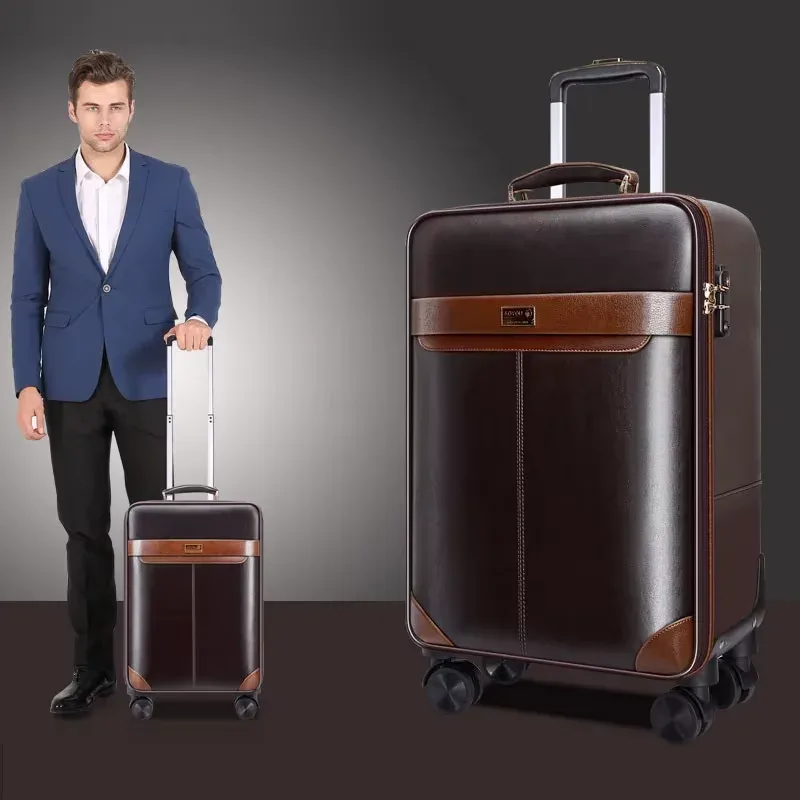 premium ensemble de bagages roulants en cuir spinner 24 pouces rétro hommes valises à roulettes d'affaires 20 pouces cabine mot de passe valise à roulettes