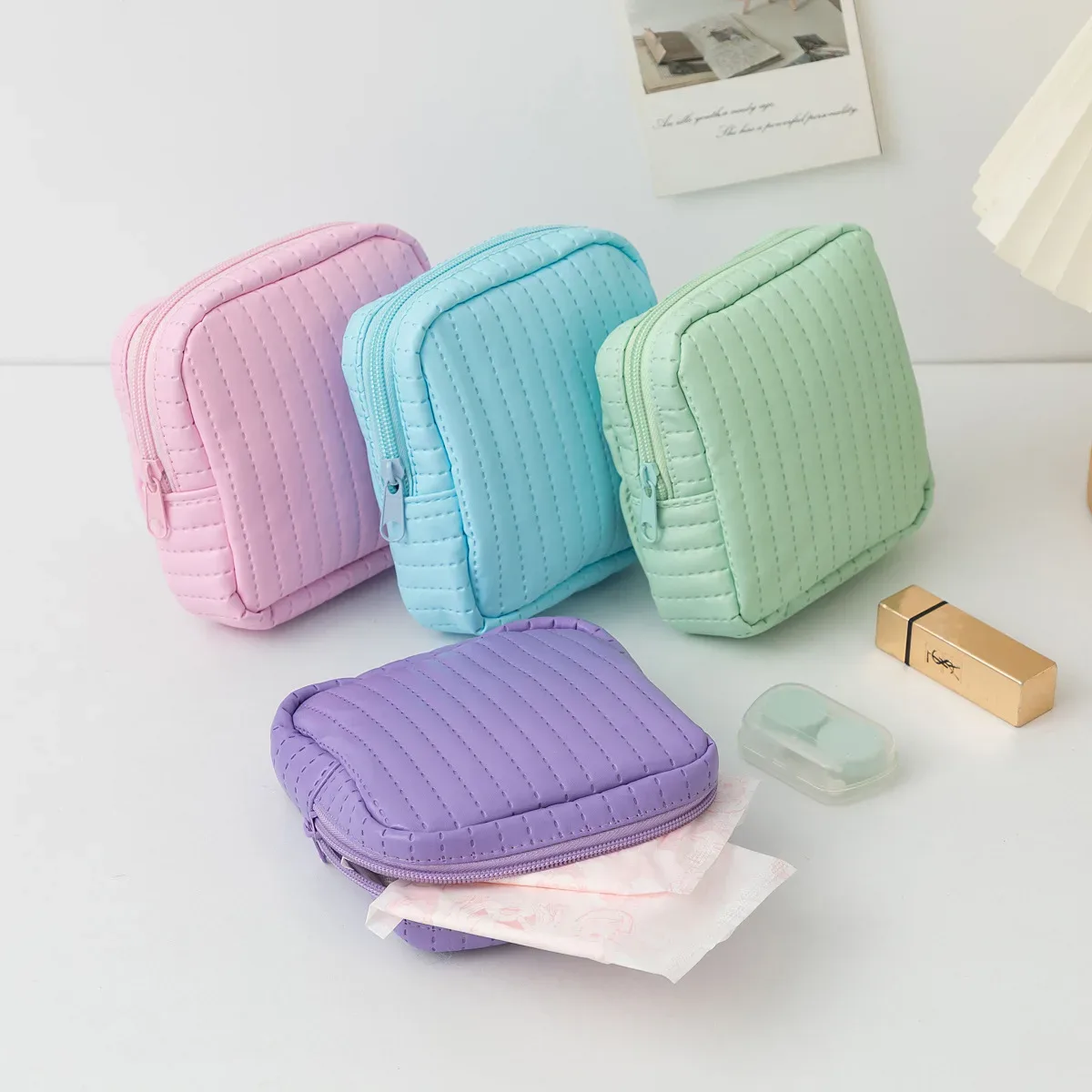 pochette en cuir de couleur bonbon pour serviettes hygiéniques, petite trousse de maquillage pour femmes, sacs organisateurs pour rouge à lèvres, câble de données, écouteurs, porte-monnaie à fermeture éclair