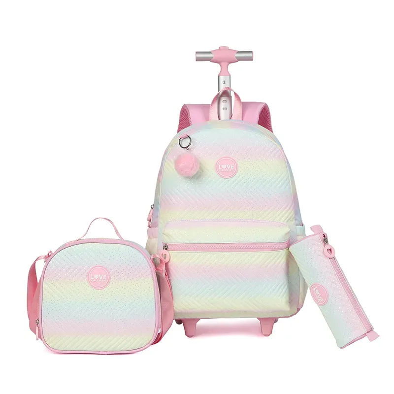 sac dos polyester forme rectangulaire motif bandes horizontales colorées pompons blancs roues poignée etudiante voyage sac école