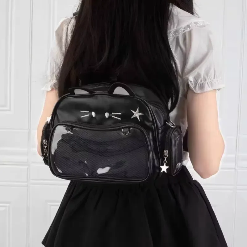 sac à dos chat argenté du japon y2k, sac d'école ita pour adolescent mignon, sac de voyage à poche transparente pour filles douces, femmes et garçons