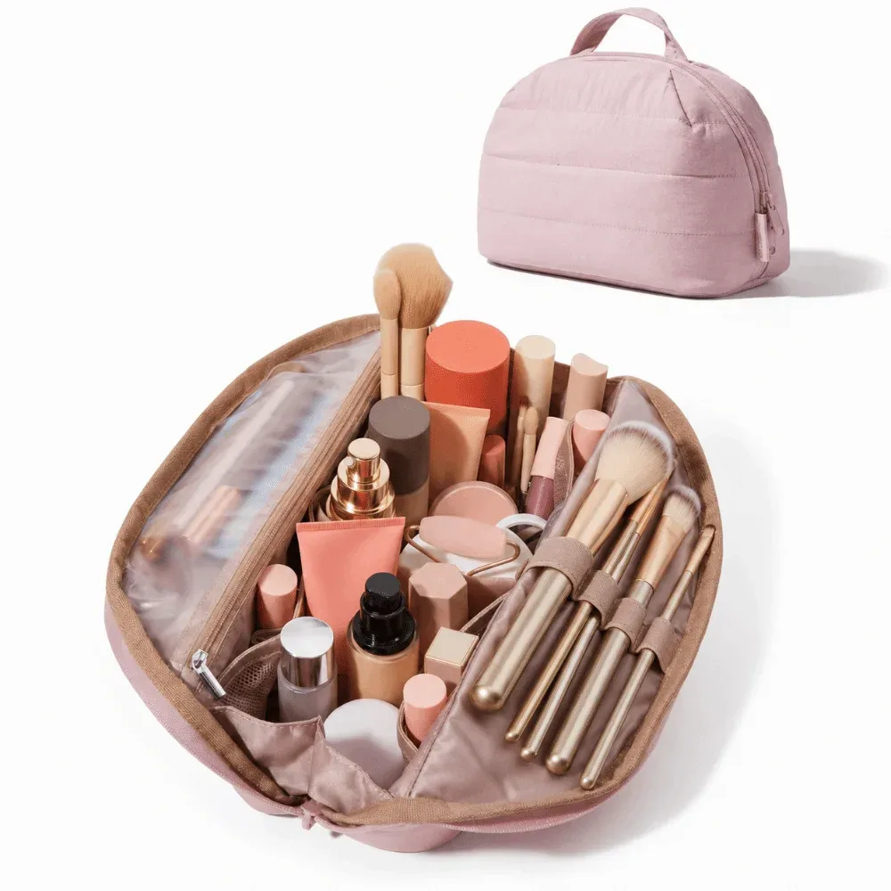 sac de maquillage de voyage pliable, multi-compartiments, séparateurs réglables, pochette de toilette, porte-pinceaux, fermeture à glissière, organisateur de maquillage