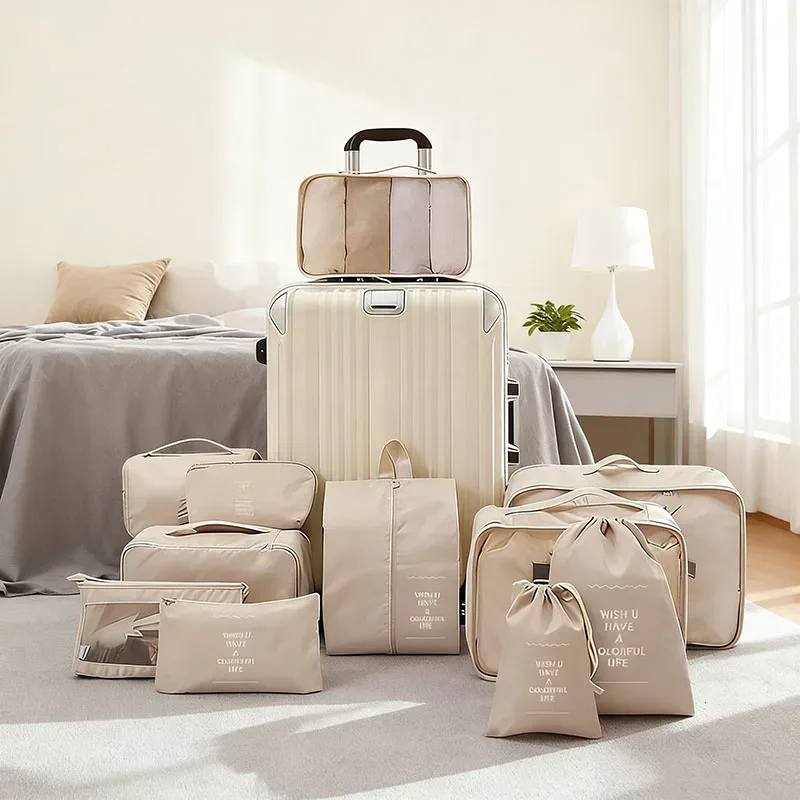organisateur voyage polyester beige compartiments zippés poches intérieures cube sac compression chaussures pochettes housse vêtements