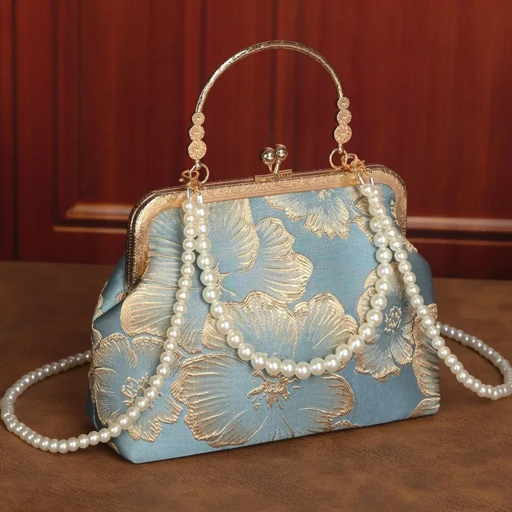 sac bandoulière en polyester, sac de soirée mi-souple, sac fourre-tout perlé, sac à main léger brodé de fleurs pour le voyage et les tenues cheongsam