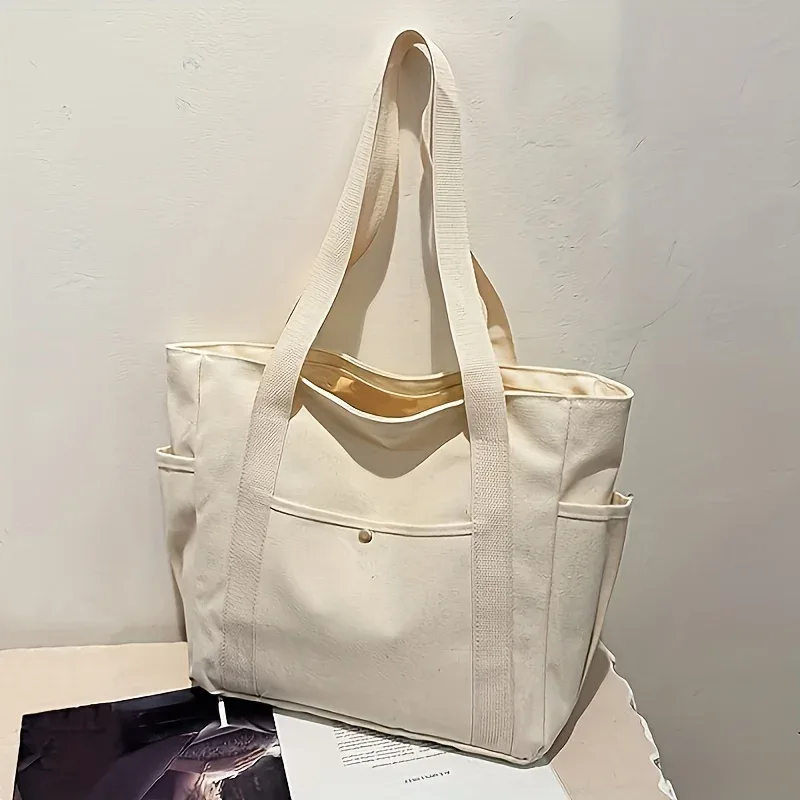 grand sac fourre-tout avec fermeture éclair - sac de transport en nylon, beige/noir, compartiments pour l'université/le bureau/les voyages