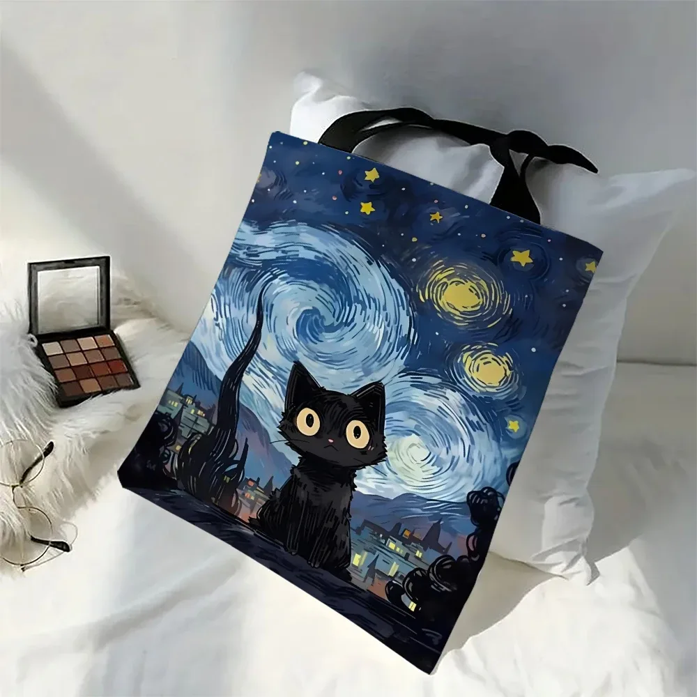 1pc mignon dessin animé chat sacs à bandoulière animal drôle la nuit étoilée sacs à bandoulière décontracté sac à la mode, sac à main multifonctionnel