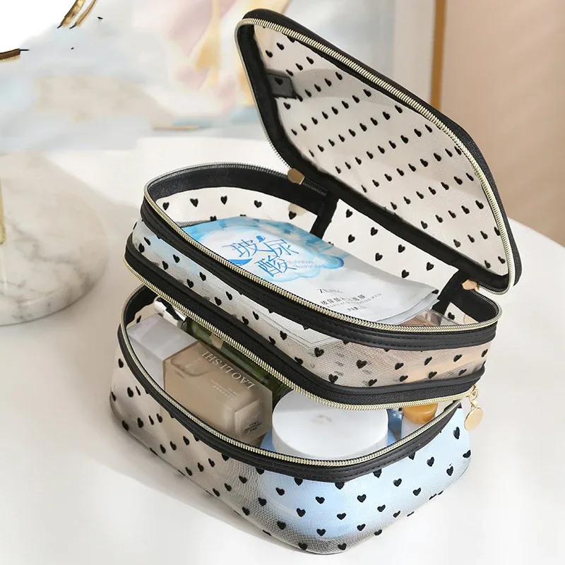 trousse à cosmétiques en maille noire à double couche, trousse de maquillage portable de grande capacité, trousses de toilette à fermeture éclair, trousse de voyage, évaluationstorage, poudres