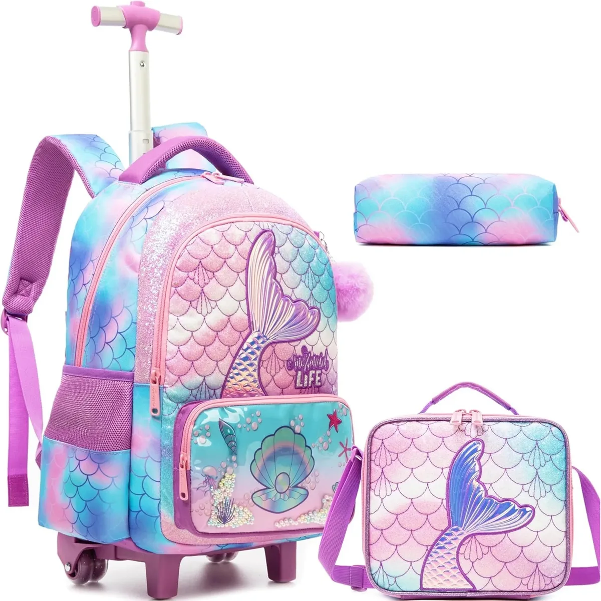 sac à dos roulant sirène mignon pour fille enfants valise de voyage avec roues étudiant primaire bagage à main garçons sac à dos à roulettes