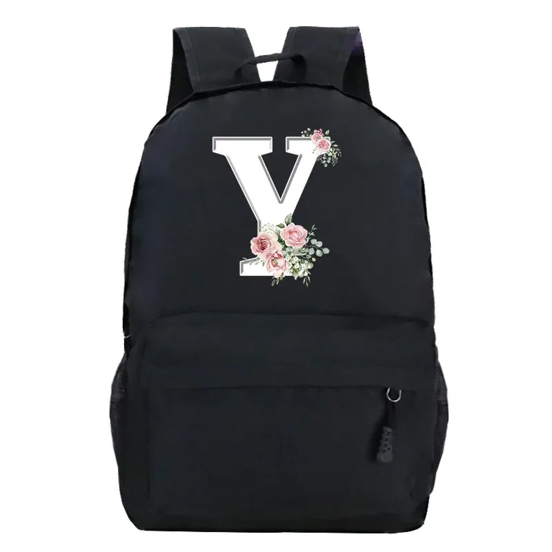 étudiant dames rose floral alphabet blanc impression sac à dos femmes fleur harajuku cartables femme rose lettre sac à bandoulière