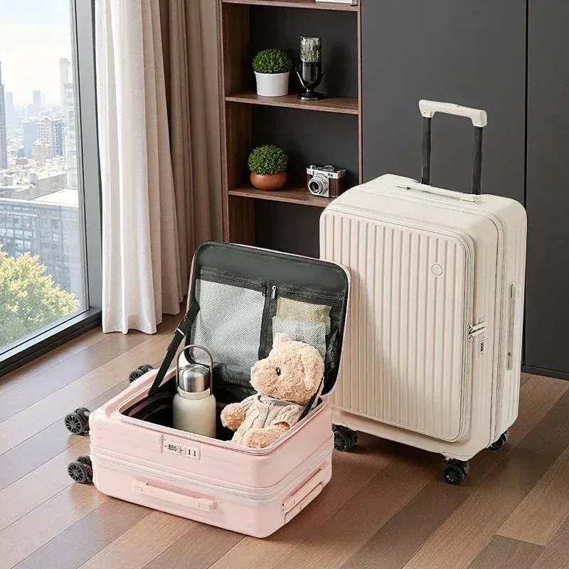 valise extensible multifonctionnelle à ouverture frontale avec porte-gobelet, bagage de grande capacité 360 °   roues amortissantes 20' 24' 28'