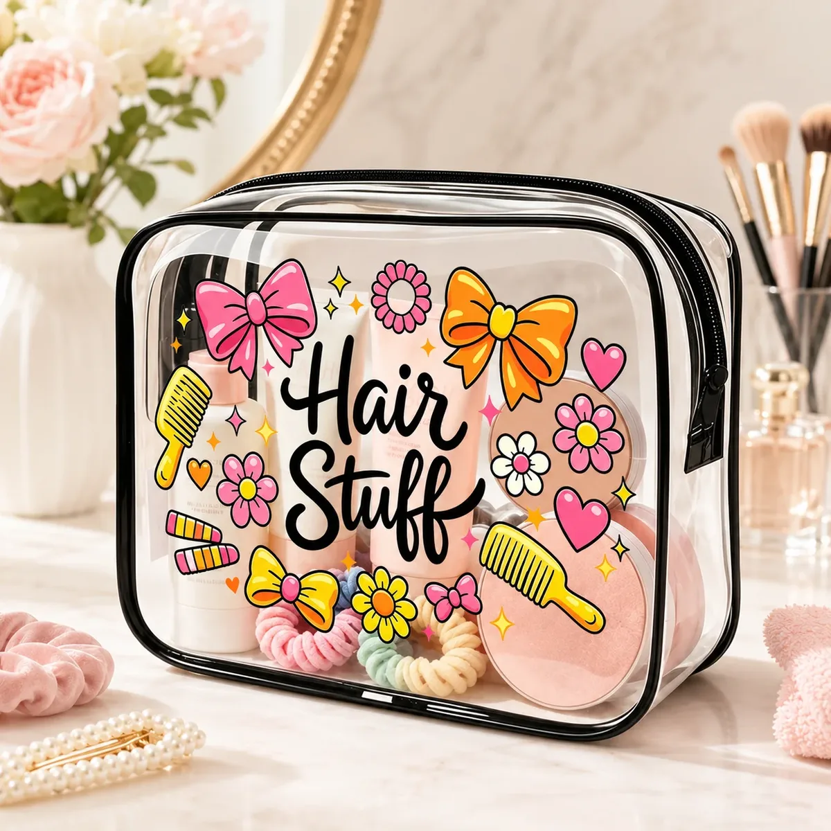 trousse de toilette transparente en pvc avec imprimé mignon pour accessoires cheveux et maquillage – organisateur de voyage