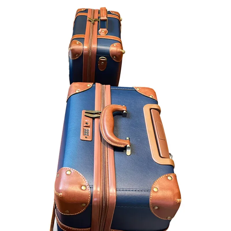 valise polypropylène bleu marron poignées latérales roulettes spinner intérieur beige rayé bagage voyage universel