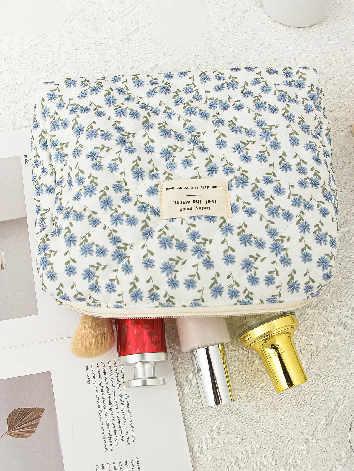 trousse polyester floral bleu jaune violet voyage cosmétiques maquillage toilette portable grande capacité matelassée multifonctionnelle