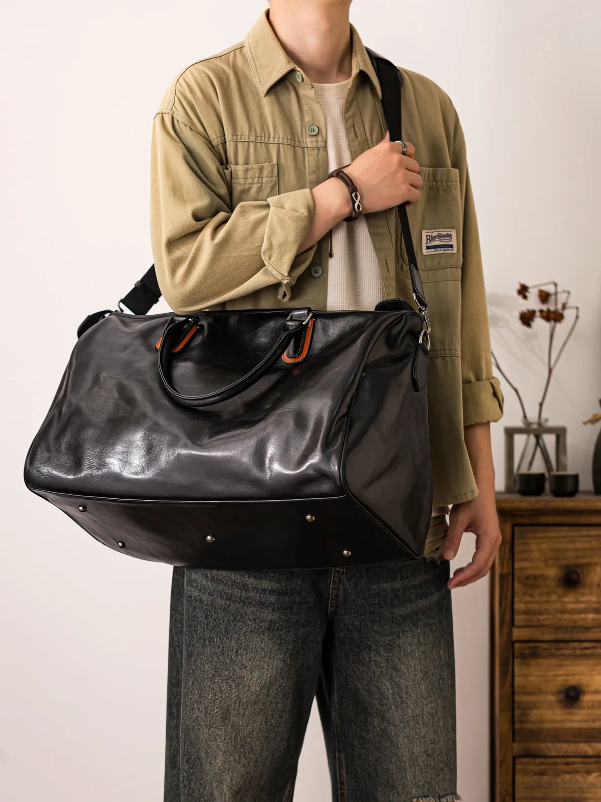 organisateur simple concepteur fait à la main en cuir véritable sac de voyage pour hommes en plein air sport décontracté luxe véritable cuir de vache noir sac à main