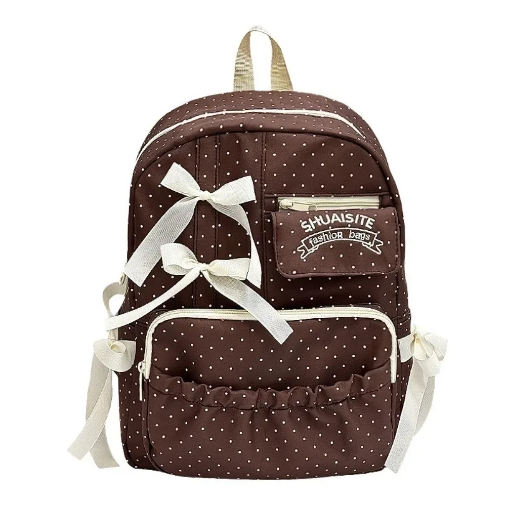 sac à dos en nylon à pois avec nœud, multi-compartiments, grande capacité, fermeture éclair, doublure en polyester, sac à dos de voyage