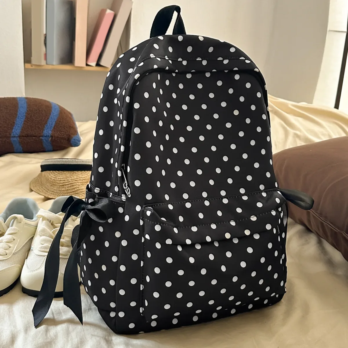 sac à dos scolaire mignon à pois, sac à dos en nylon kawaii, sac à dos esthétique pour filles, femmes, lycée, collège