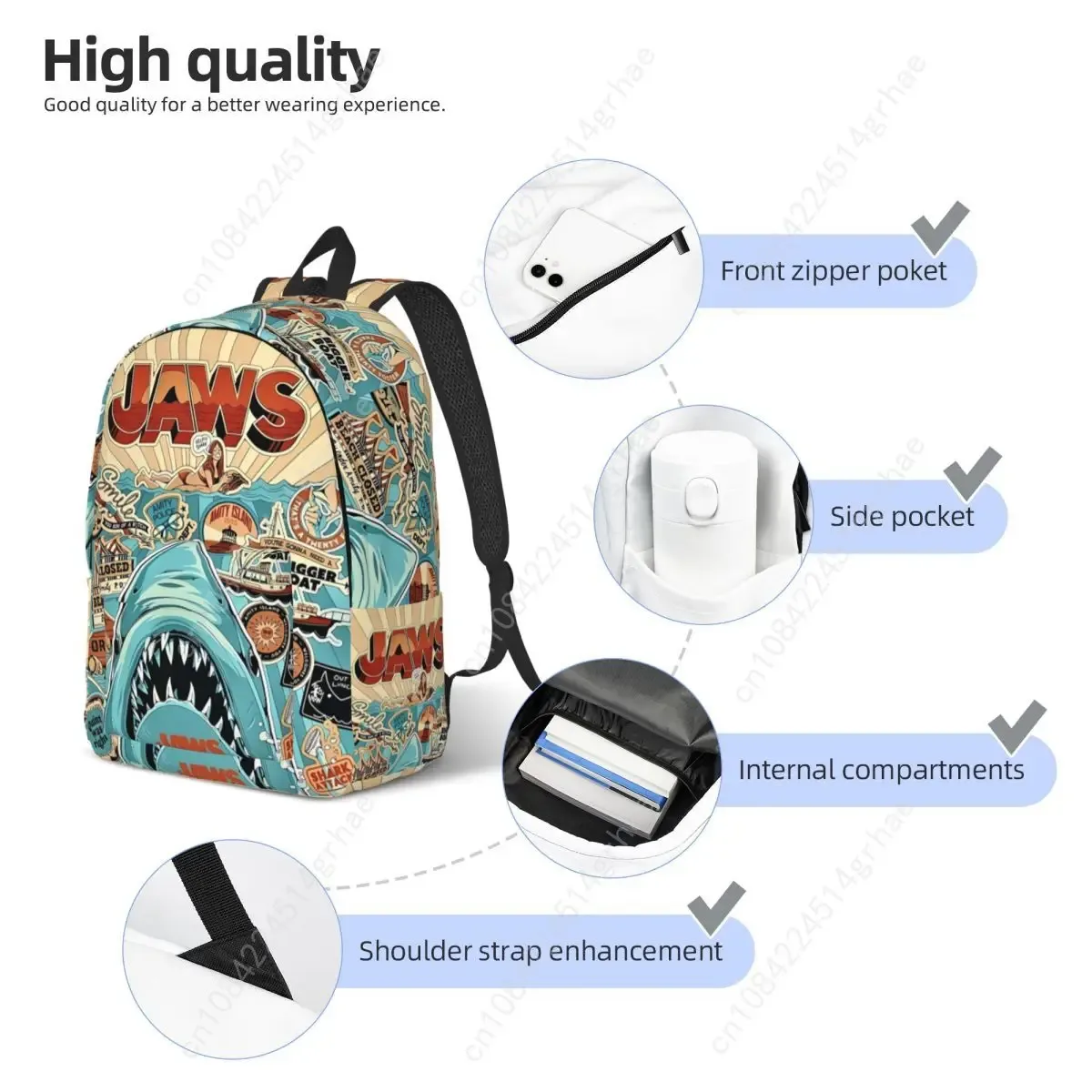 sac à dos jaws classic film amity island pour hommes, femmes, adolescents, étudiants, randonnée, voyage, sac à dos de jour, sac à bandoulière pour ordinateur portable, extérieur