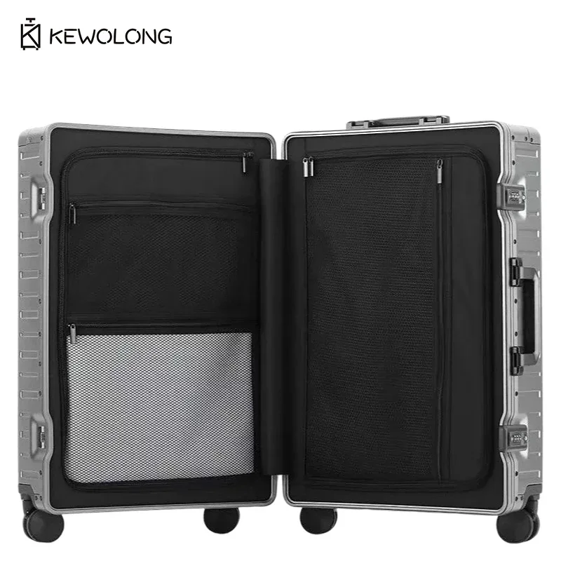 nouvelle valise en alliage d'aluminium et de magnésium à ouverture frontale, 20/24 pouces, bagage à roulettes entièrement métallique et durable.