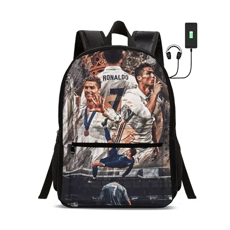 sac à dos de star du football avec interface usb, sac à dos ronaldo pour étudiants, sac à dos pour garçons et filles, meilleur cadeau