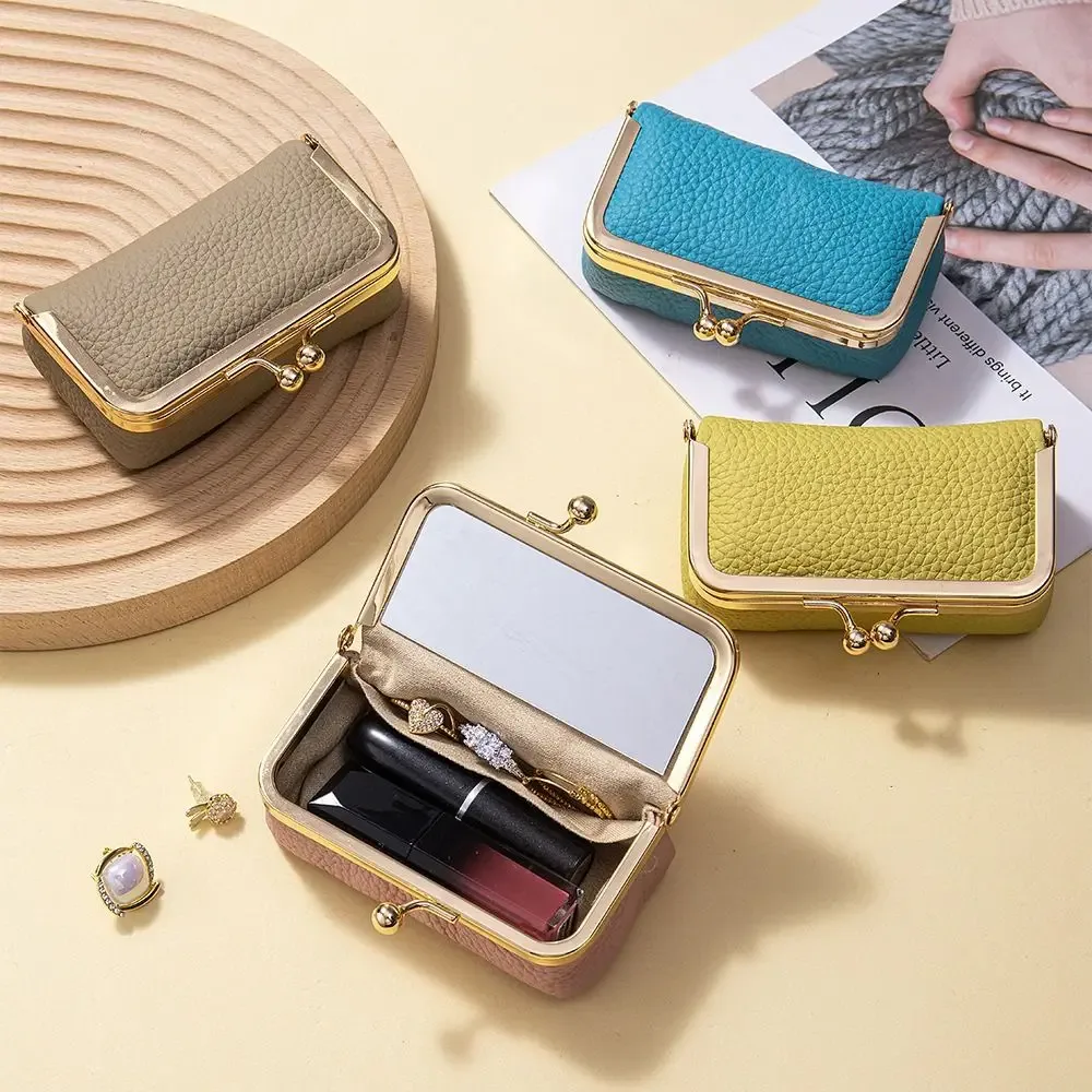 pochette à rouge à lèvres portable avec miroir de maquillage, sac à bijoux en cuir exquis, sac cosmétique multifonctionnel de couleur unie pour le rangement