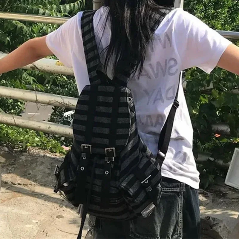 sac à dos rayé style coréen y2k décontracté avec cordon de serrage, grande capacité, polyvalent, pour étudiantes, filles et femmes, style kpop
