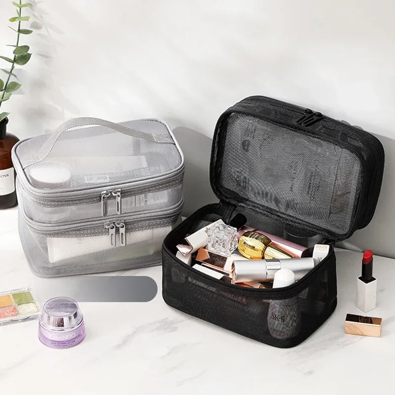 sac à maquillage en maille double couche, sac de rangement multifonctionnel en maille, sac de rangement de voyage pour maquillage