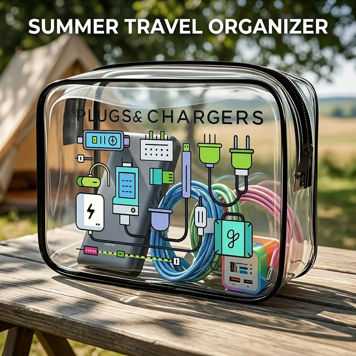 1 pièce Sac de rangement transparent pour voyage, essentiel pour les vacances d'été, étanche, pour le camping, la plage, les accessoires électroniques et les prises