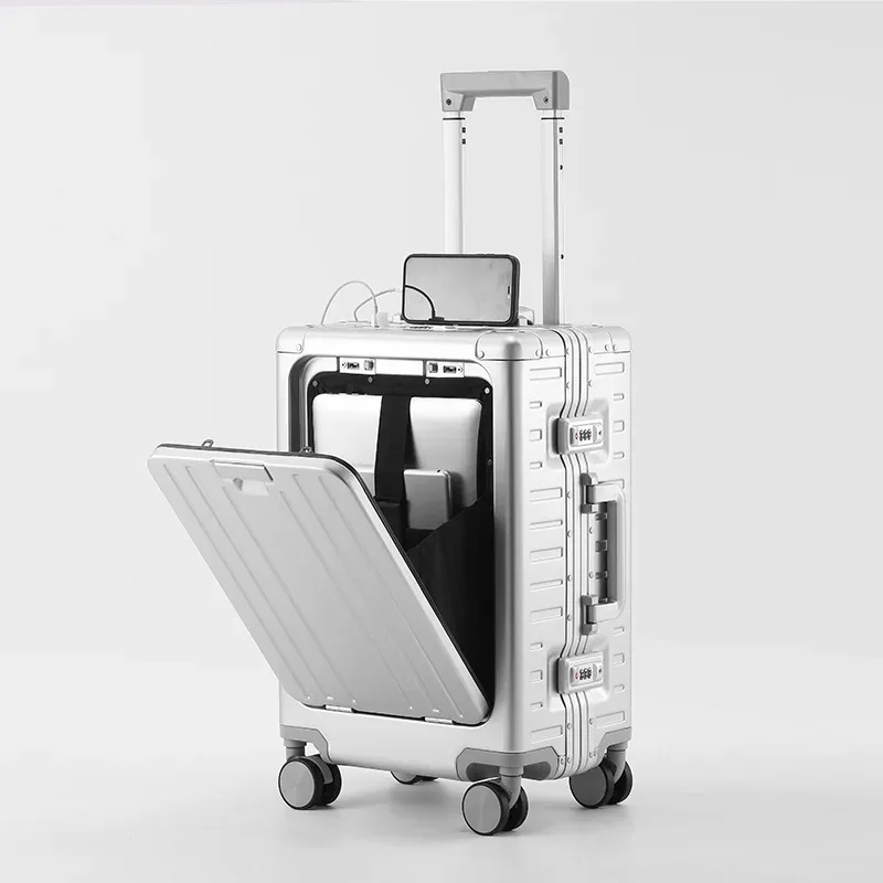 klqdzms valise ouverture avant boîte d'embarquement entièrement en aluminium alliage de magnésium boîtier de chariot 20 "24 pouces bagages multifonctions