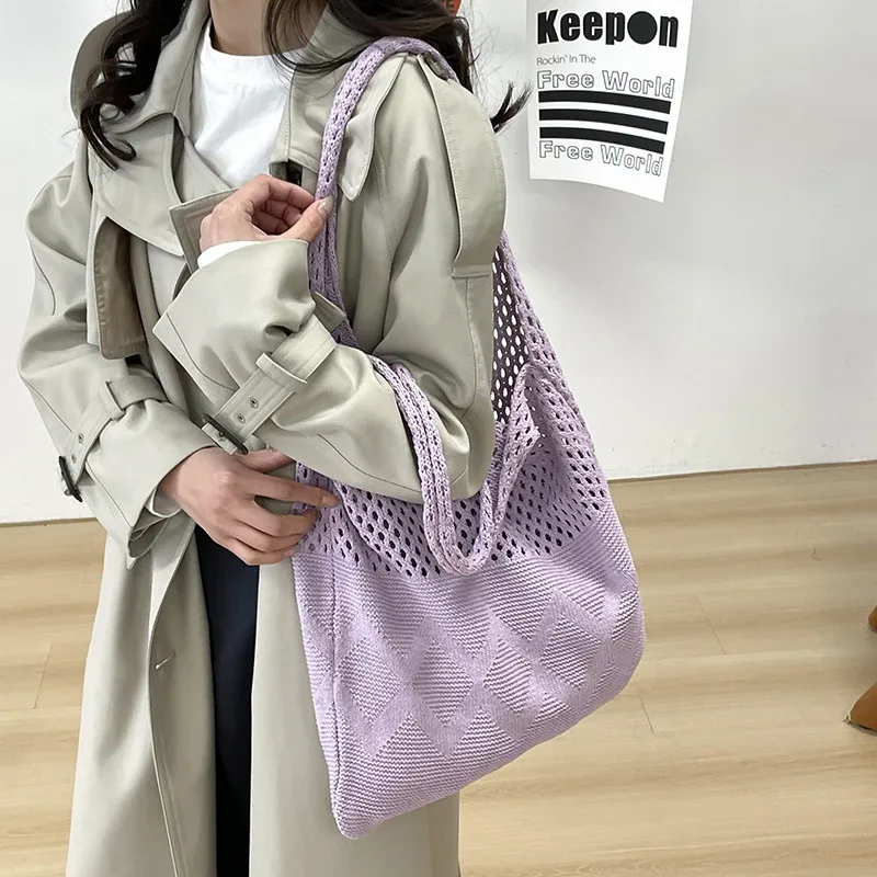 sac de rangement portable en fil tricoté style rétro, grande capacité, sac à bandoulière décontracté, sac de shopping, sac fourre-tout pratique, sac à main