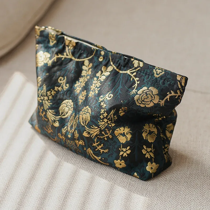 trousse de maquillage pour femmes, imprimé noble, fleurs dorées, grande capacité, rouge à lèvres, coussin d'air, sac de rangement, trousse de toilette de voyage portable