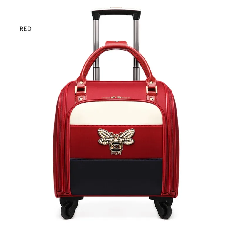 sac voyage toile motif couleur noire blanche rouge bleu abeille rétro compact elégant roulettes toupie poignées latérales supérieure