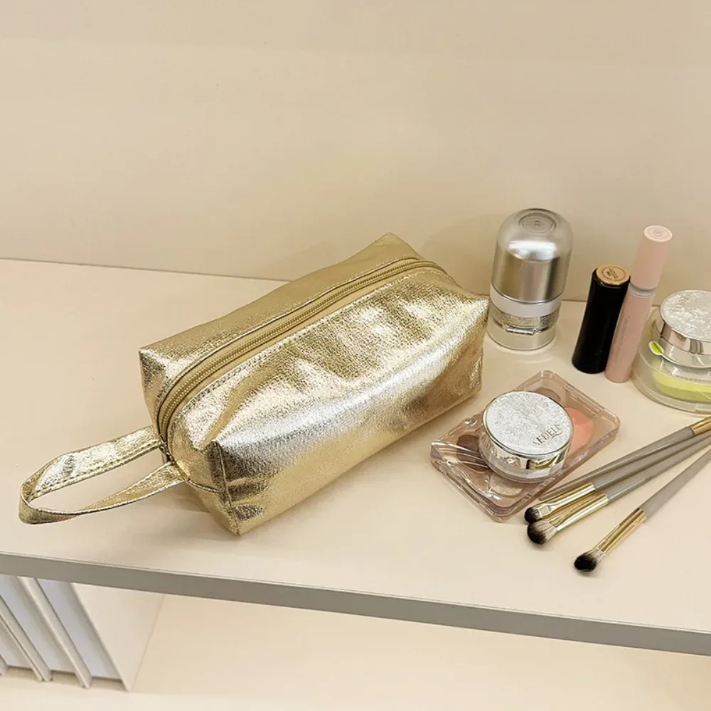 sac de maquillage brillant portable, grande capacité, sac à cosmétiques à main, couleur unie, trousse à crayons polyvalente pour femmes
