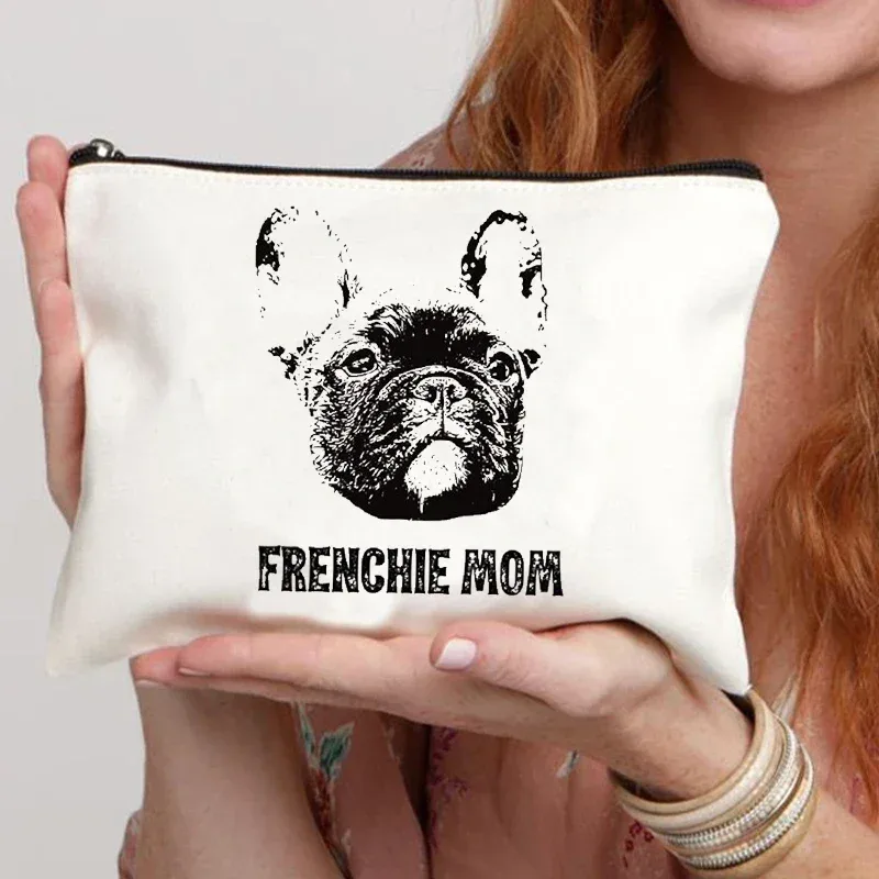 trousse de maquillage en toile pour femme, trousse de toilette, valise professionnelle, impression de dessin animé, bouledogue français, drôle
